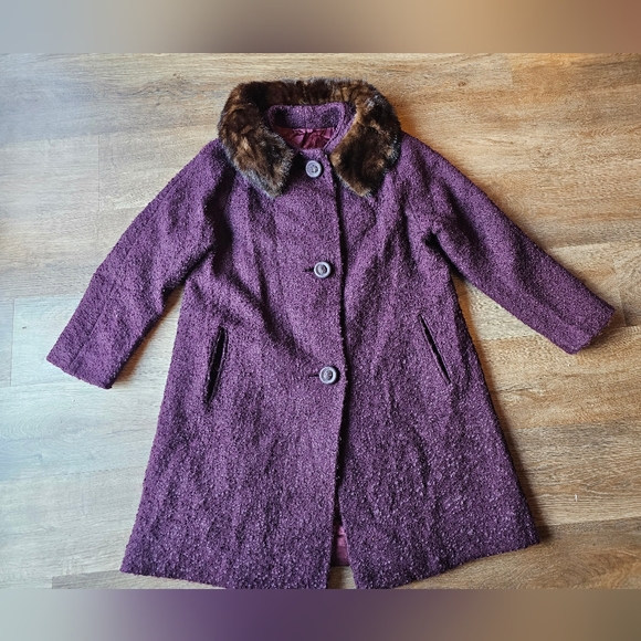 Vintage Plum Colored Tweed Wool and Fur Collar Pea Coat fully lined